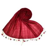 Premium Crush Cotton Fabric - Designer Party Wear Striped Liner Stole With Colourful Fringe's - Maroon