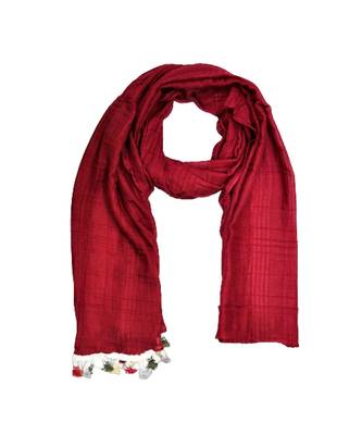 Premium Crush Cotton Fabric - Designer Party Wear Striped Liner Stole With Colourful Fringe's - Maroon 2