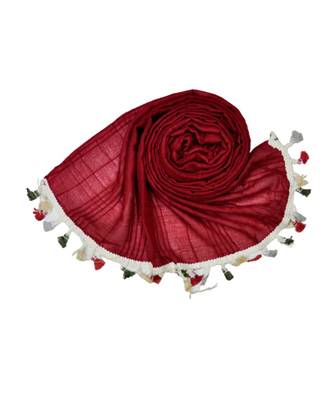Premium Crush Cotton Fabric - Designer Party Wear Striped Liner Stole With Colourful Fringe's - Maroon 3