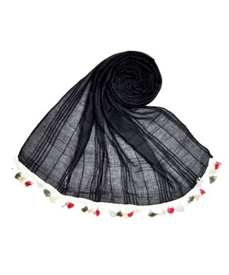 Premium Crush Cotton Fabric - Designer Party Wear Striped Liner Stole With Colourful Fringe's - Black 1