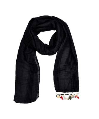 Premium Crush Cotton Fabric - Designer Party Wear Striped Liner Stole With Colourful Fringe's - Black 2