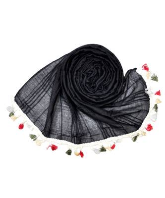 Premium Crush Cotton Fabric - Designer Party Wear Striped Liner Stole With Colourful Fringe's - Black 3