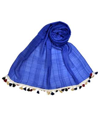 Premium Crush Cotton Fabric - Designer Party Wear Striped Liner Stole With Colourful Fringe's - Blue 1