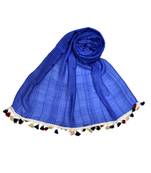 Premium Crush Cotton Fabric - Designer Party Wear Striped Liner Stole With Colourful Fringe's - Blue