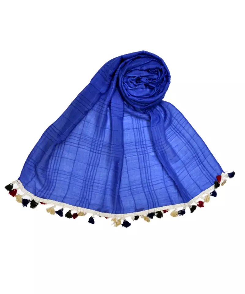 Premium Crush Cotton Fabric - Designer Party Wear Striped Liner Stole With Colourful Fringe's - Blue