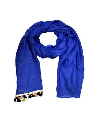 Premium Crush Cotton Fabric - Designer Party Wear Striped Liner Stole With Colourful Fringe's - Blue 2