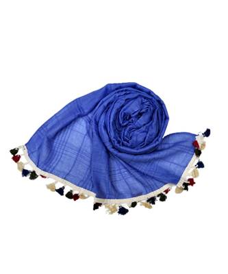 Premium Crush Cotton Fabric - Designer Party Wear Striped Liner Stole With Colourful Fringe's - Blue 3
