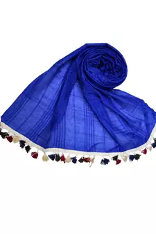 Premium Crush Cotton Fabric - Designer Party Wear Striped Liner Stole With Colourful Fringe's - Blue