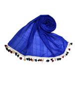 Premium Crush Cotton Fabric - Designer Party Wear Striped Liner Stole With Colourful Fringe's - Blue