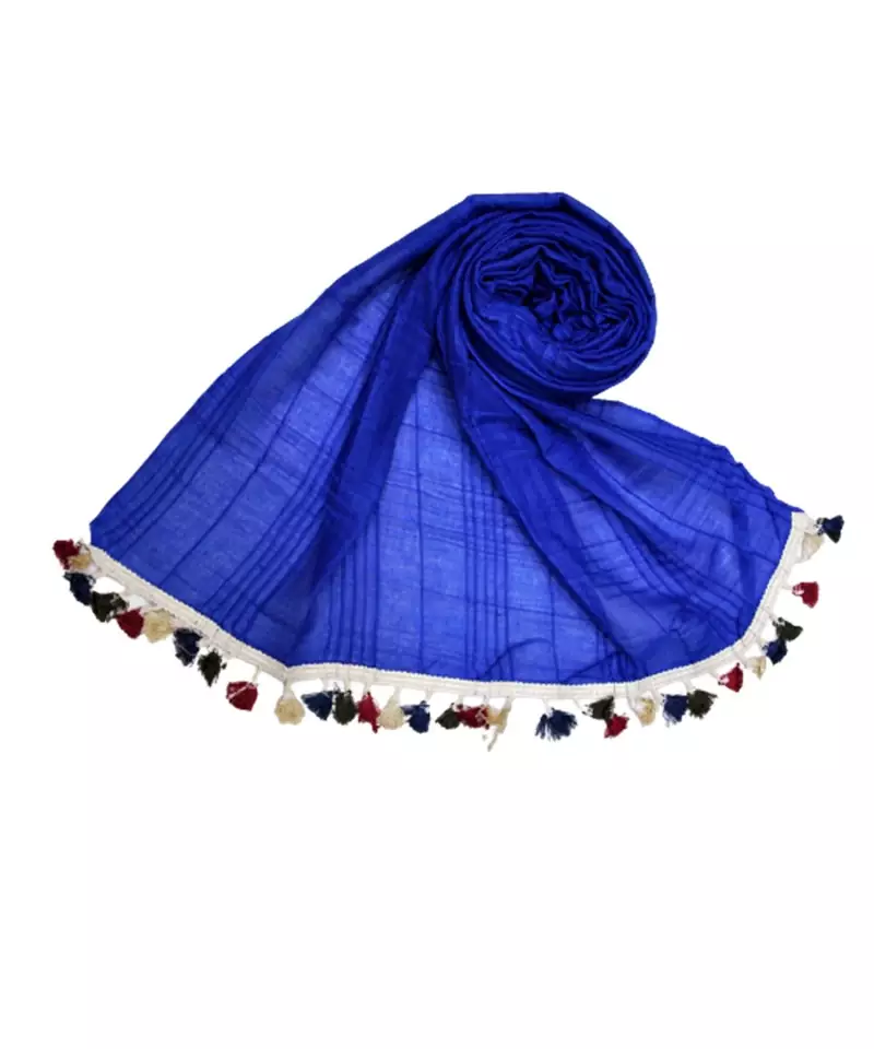 Premium Crush Cotton Fabric - Designer Party Wear Striped Liner Stole With Colourful Fringe's - Blue