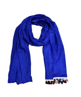 Premium Crush Cotton Fabric - Designer Party Wear Striped Liner Stole With Colourful Fringe's - Blue 2