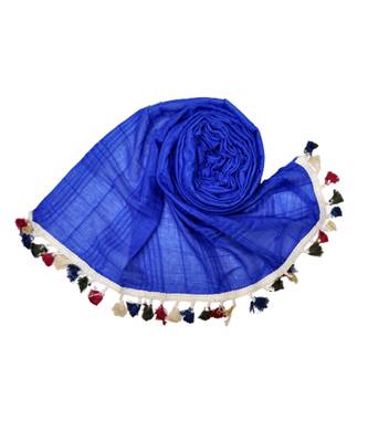 Premium Crush Cotton Fabric - Designer Party Wear Striped Liner Stole With Colourful Fringe's - Blue 3