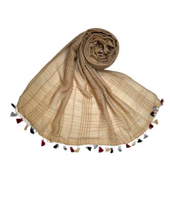 Premium Crush Cotton Fabric - Designer Party Wear Striped Liner Stole With Colourful Fringe's - Brown 1