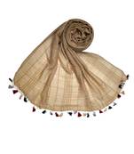 Premium Crush Cotton Fabric - Designer Party Wear Striped Liner Stole With Colourful Fringe's - Brown