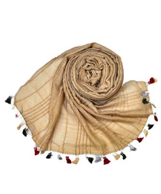 Premium Crush Cotton Fabric - Designer Party Wear Striped Liner Stole With Colourful Fringe's - Brown 3