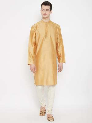 Beige plain cotton silk men-kurtas 1