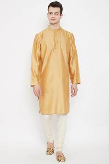 Beige plain cotton silk men-kurtas