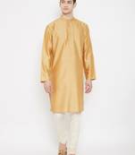 Beige plain cotton silk men-kurtas