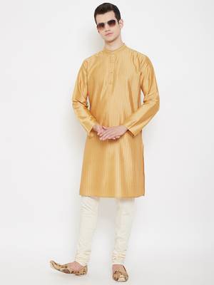 Beige plain cotton silk men-kurtas 2