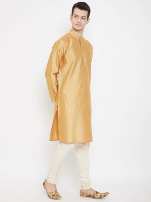 Beige plain cotton silk men-kurtas 3