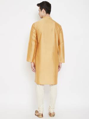 Beige plain cotton silk men-kurtas 4