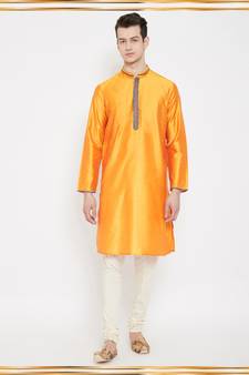 Yellow woven cotton silk men-kurtas