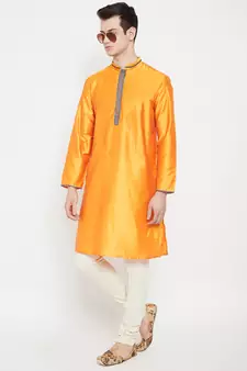Yellow woven cotton silk men-kurtas