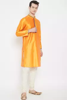 Yellow woven cotton silk men-kurtas