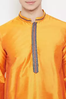 Yellow woven cotton silk men-kurtas