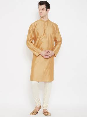 Beige plain cotton silk men-kurtas 1