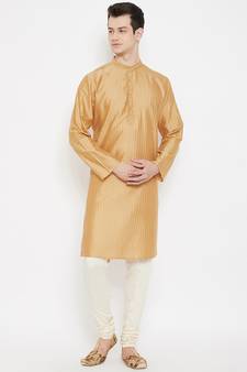 Beige plain cotton silk men-kurtas