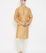 Beige plain cotton silk men-kurtas