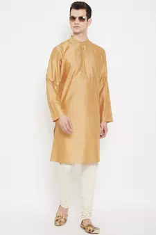 Beige plain cotton silk men-kurtas