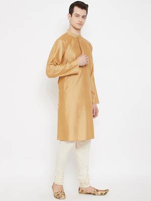 Beige plain cotton silk men-kurtas 3