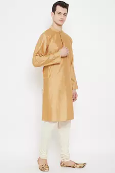 Beige plain cotton silk men-kurtas