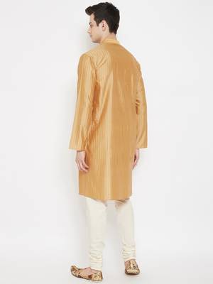 Beige plain cotton silk men-kurtas 4