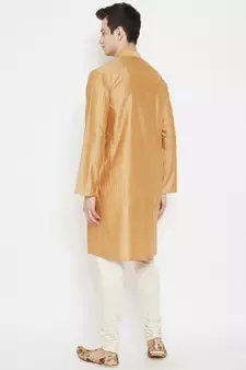 Beige plain cotton silk men-kurtas