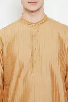 Beige plain cotton silk men-kurtas