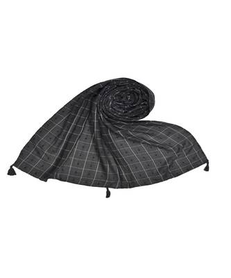 Premium Cotton Fabric - Box Checkered Designer Work Hijab - With 4 Sided Fringe's On The Border - Grey 1