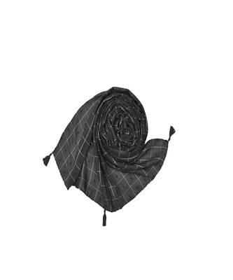 Premium Cotton Fabric - Box Checkered Designer Work Hijab - With 4 Sided Fringe's On The Border - Grey 3