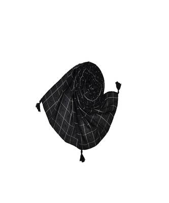 Premium Cotton Fabric - Box Checkered Designer Work Hijab - With 4 Sided Fringe's On The Border - Black 3
