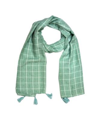Premium Cotton Fabric - Box Checkered Designer Work Hijab - With 4 Sided Fringe's On The Border - Green 2