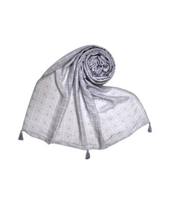 Premium Cotton Fabric - Box Checkered Designer Work Hijab - With 4 Sided Fringe's On The Border - Grey 1