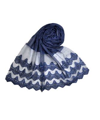 Best Of All Time - Premium Cotton Fabric - Designer 3 Liner Mountain Design Hijab - Pearl On Every Design - Blue 1