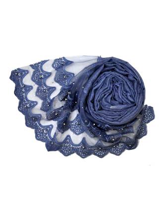 Best Of All Time - Premium Cotton Fabric - Designer 3 Liner Mountain Design Hijab - Pearl On Every Design - Blue 2