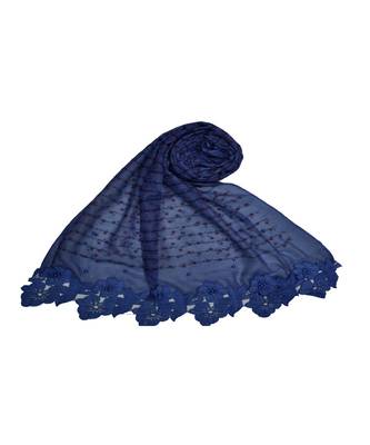 Rich Cotton Fabric - Designer Party Wear Ari Work Hijab - Flower Design and Pearls Over The Stole - Blue 1