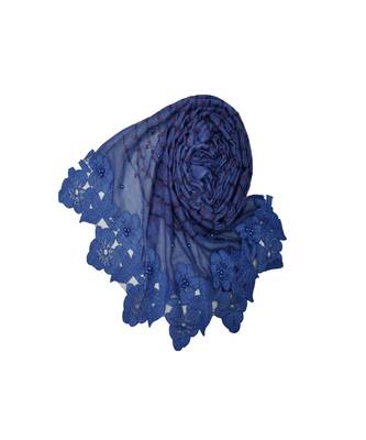 Rich Cotton Fabric - Designer Party Wear Ari Work Hijab - Flower Design and Pearls Over The Stole - Blue 3