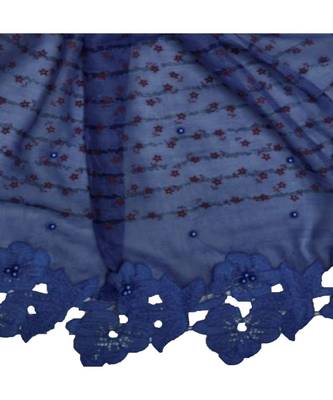 Rich Cotton Fabric - Designer Party Wear Ari Work Hijab - Flower Design and Pearls Over The Stole - Blue 4