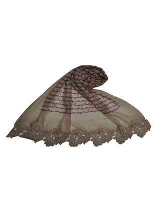 Rich Cotton Fabric - Designer Party Wear Ari Work Hijab - Flower Design and Pearls Over The Stole - Brown 1