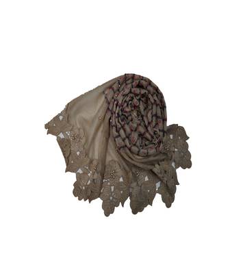 Rich Cotton Fabric - Designer Party Wear Ari Work Hijab - Flower Design and Pearls Over The Stole - Brown 3